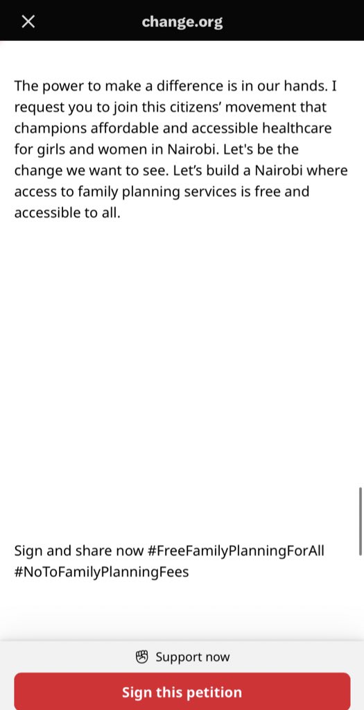 The proposed Nairobi City Finance bill will limit uptake of health services like Contraceptives/Family Planning &amp; post abortion care in health centers by introducing a cost. Young people will not be able to afford them.

SIGN THE PETITION!: chng.it/F5B6Y2vQxP #AfyaAffordable