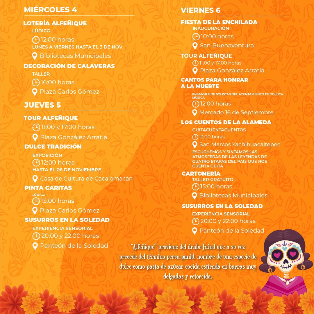 EdomexTurismo's tweet photo. Este fin de semana ven a  #Toluca a ser parte de la Feria del #Alfeñique2023💀. Participa en las actividades culturales y artísticas. Recuerda que #LoMágicoDeMéxicoEs el #EstadoDeMéxico https://t.co/d8cK90ezZM