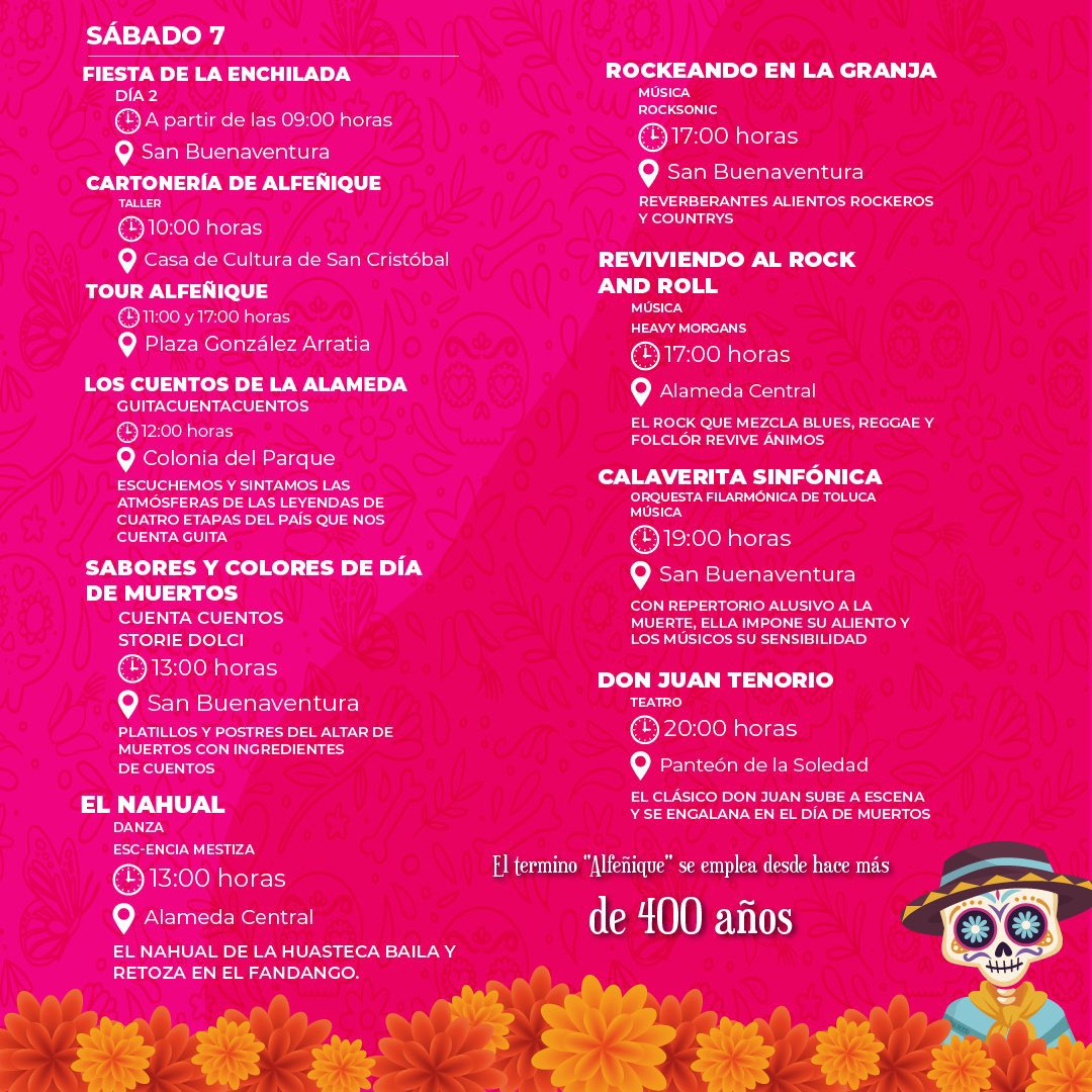 EdomexTurismo's tweet photo. Este fin de semana ven a  #Toluca a ser parte de la Feria del #Alfeñique2023💀. Participa en las actividades culturales y artísticas. Recuerda que #LoMágicoDeMéxicoEs el #EstadoDeMéxico https://t.co/d8cK90ezZM
