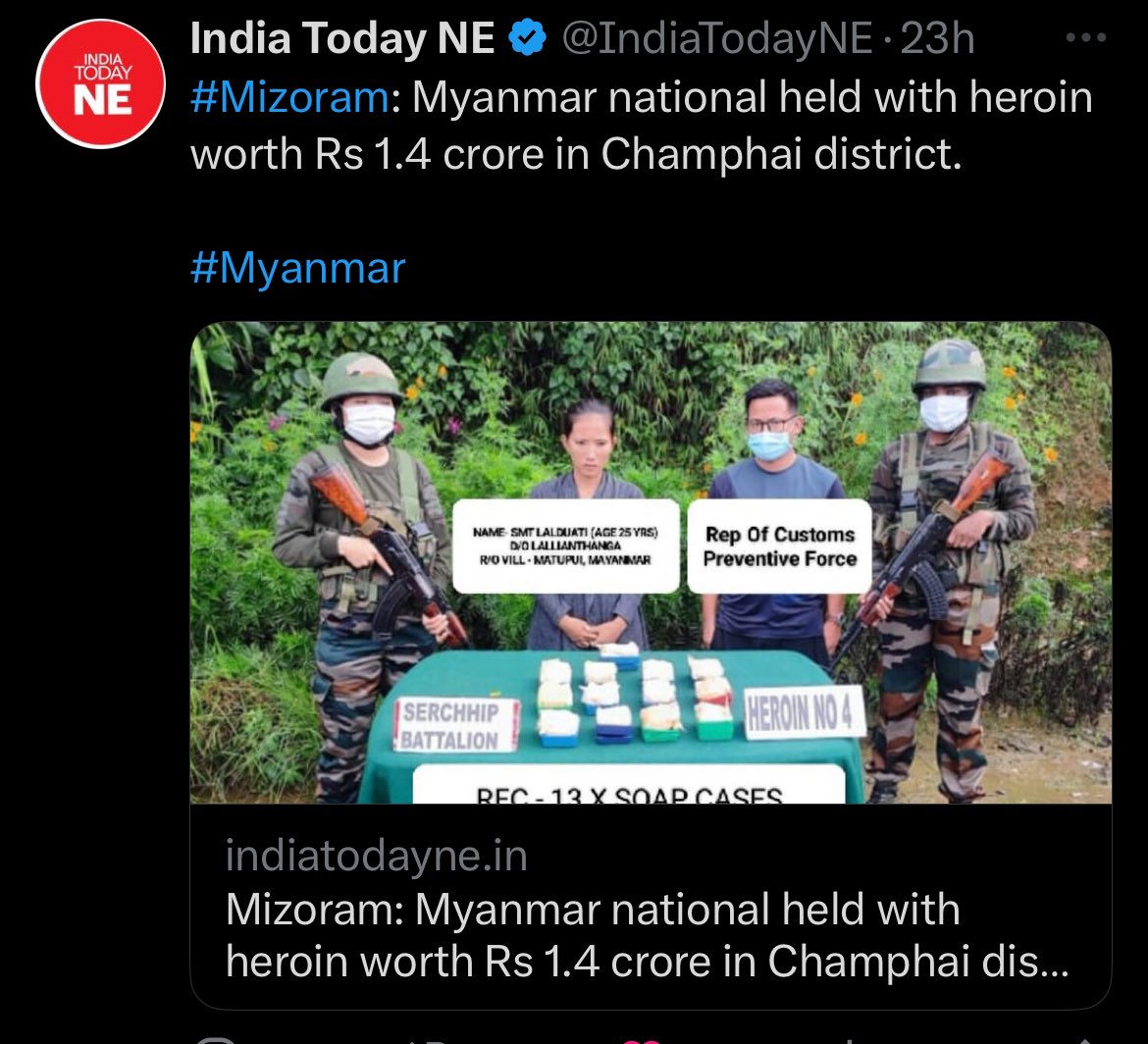 thePusharma's tweet photo. Another day more drug seizures in Mizoram and that too from Myanmar Nationals
All these drugs flowing in from Myanmar earlier used to pass through Manipur facilitated by the #Kuki_ZoNarcoterrorist and their accomplices 
What’s being caught is only a minuscule amount!!!!!!! https://t.co/m4R2EpFmJk