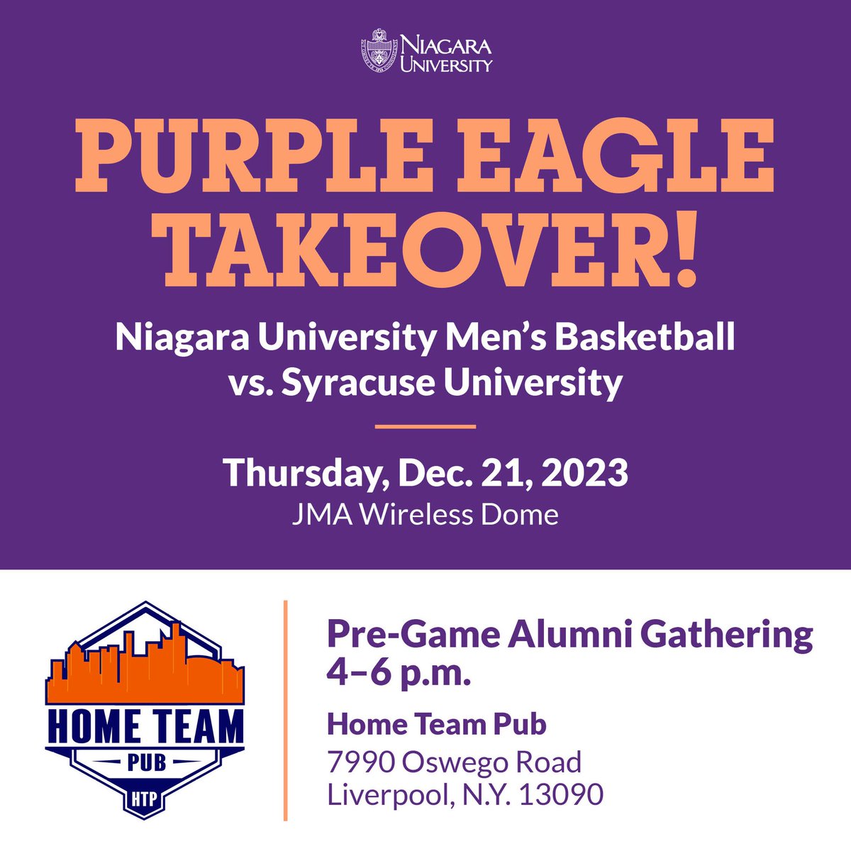 Rock the Dome with your fellow <a href="/NUPurpleEagles/">Niagara Purple Eagles</a>! 

Join us as the <a href="/NiagaraMBB/">Niagara Basketball</a> takes on <a href="/Cuse_MBB/">Syracuse Men’s Basketball</a> on Thursday, Dec. 21! Don't miss the game or pre-game party at Home Team Pub. Let's Go Purps!!

Interested in attending? RSVP at the link in bio. 🏀 <a href="/NiagaraUniv/">Niagara University</a>