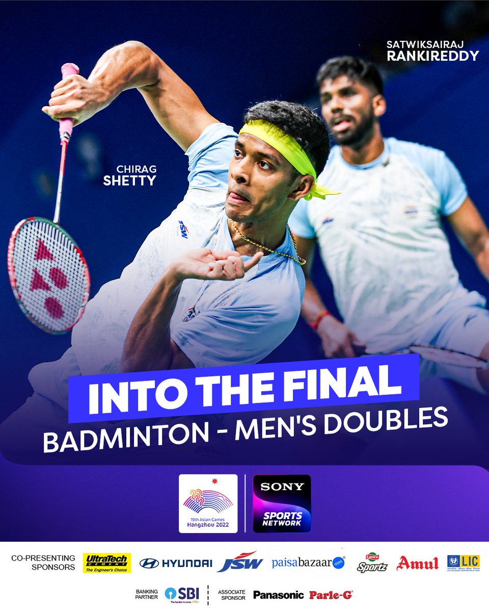 SonySportsNetwk's tweet photo. First-ever Indian pair to reach the #AsianGames Men’s Doubles Final 🇮🇳

The magnificent duo downed the Malaysian pair in straight sets with a scoreline of 21-17, 21- 12 🏸🔥

#SonySportsNetwork #Cheer4India #IssBaar100Paar #Hangzhou2022 #TeamIndia #Badminton | @Media_SAI  @Shettychirag04  @satwiksairaj