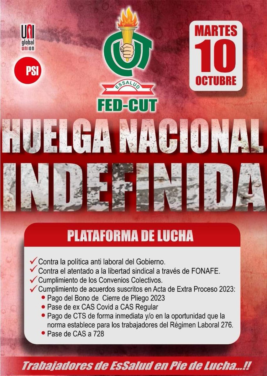 basecuthimms's tweet photo. Trabajadores de @EsSaludPeru en pie de lucha💪 #HuelgaNacionalEsSalud2023 
Por el respeto del convenio colectivo 2023, rechazamos la intromisión de @CorpFonafe 🫵  
¡VIVA LA HUELGA  NACIONAL!💪👊
@RPPNoticias @congresoperu @FedCut @EsSaludPeru @uniglobalunion @ISPinteramerica https://t.co/N9Ls8W1jQa