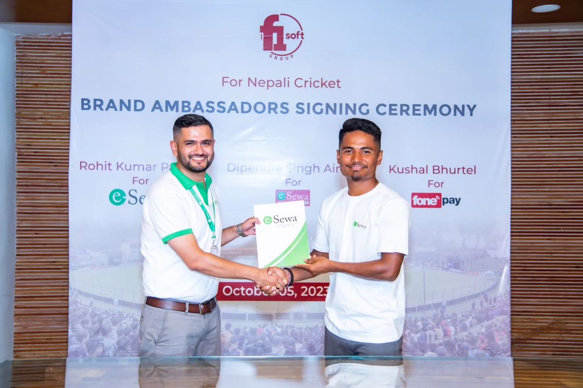 eSewaOfficial's tweet photo. F1Soft Group proudly announces an exciting partnership with three prominent Nepali National cricket players: Kushal Bhurtel, Rohit Kumar Paudel, &amp; Dipendra Singh Airee, as Brand Endorsers for its subsidiary companies,  eSewa, Fonepay, and eSewa Money Transfer, respectively. https://t.co/LmTCnTyjwX