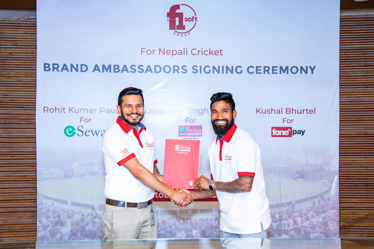 eSewaOfficial's tweet photo. F1Soft Group proudly announces an exciting partnership with three prominent Nepali National cricket players: Kushal Bhurtel, Rohit Kumar Paudel, &amp; Dipendra Singh Airee, as Brand Endorsers for its subsidiary companies,  eSewa, Fonepay, and eSewa Money Transfer, respectively. https://t.co/LmTCnTyjwX