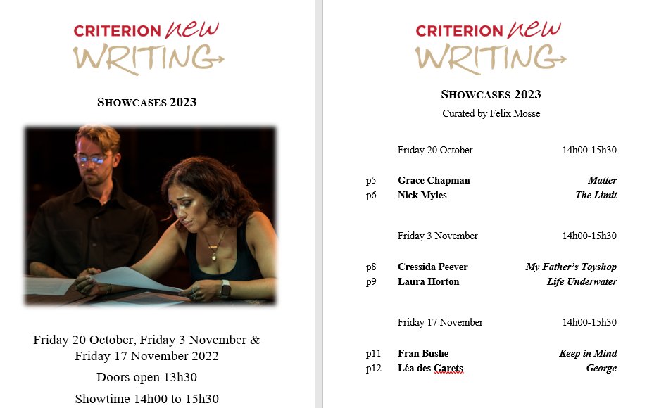 Soon, in the #WestEnd, at <a href="/CriTheatre/">Criterion Theatre</a> - works by <a href="/LauraCHorton/">Laura Clare Horton</a> <a href="/nickpmyles/">Nick Myles</a> <a href="/playwrightgrace/">Grace Chapman</a> <a href="/Lea_desGarets/">Léa des Garets</a> <a href="/CressidaPeever/">Cressida Peever</a> and @franbushe - curated by <a href="/FelixMosse/">Felix Mosse</a> !