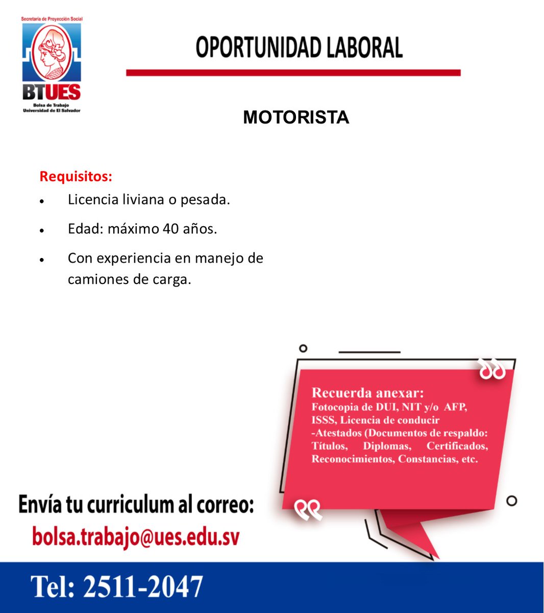 Envíanos tu hoja de vida al correo: bolsa.trabajo@ues.edu.sv
Fecha limite: 20 de octubre de 2023.