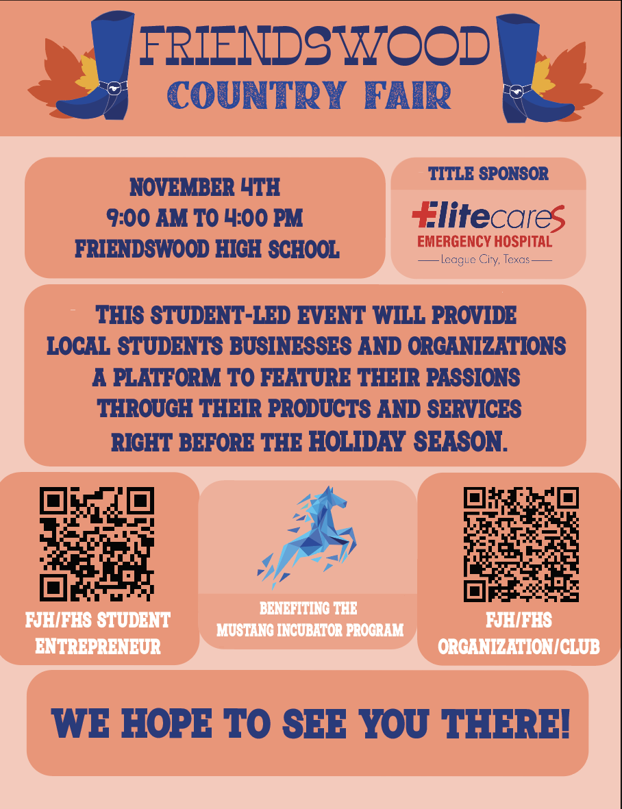 friendswoodisd's tweet photo. Students! Make sure you sign up to participate in the Friendswood Country Fair! You won't want to miss this opportunity to showcase your products, services and/or talents! https://t.co/S9kuIIZjo4