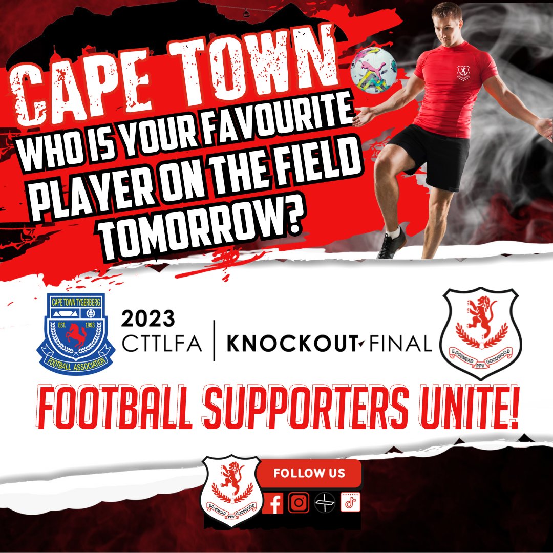 📢CAPE TOWN!📢
WHO IS YOUR FAVOURITE PLAYER ON THE FIELD TOMORROW?🏆⚽
Who's going to make a name for themselves tomorrow on the field?  
Tell us what you think in the comments below!
Like, Share, Tag
#CTTLFASeniorKnockOutCupFinals #meadpride #upthemead  #proudlyedgemead #cttlfa