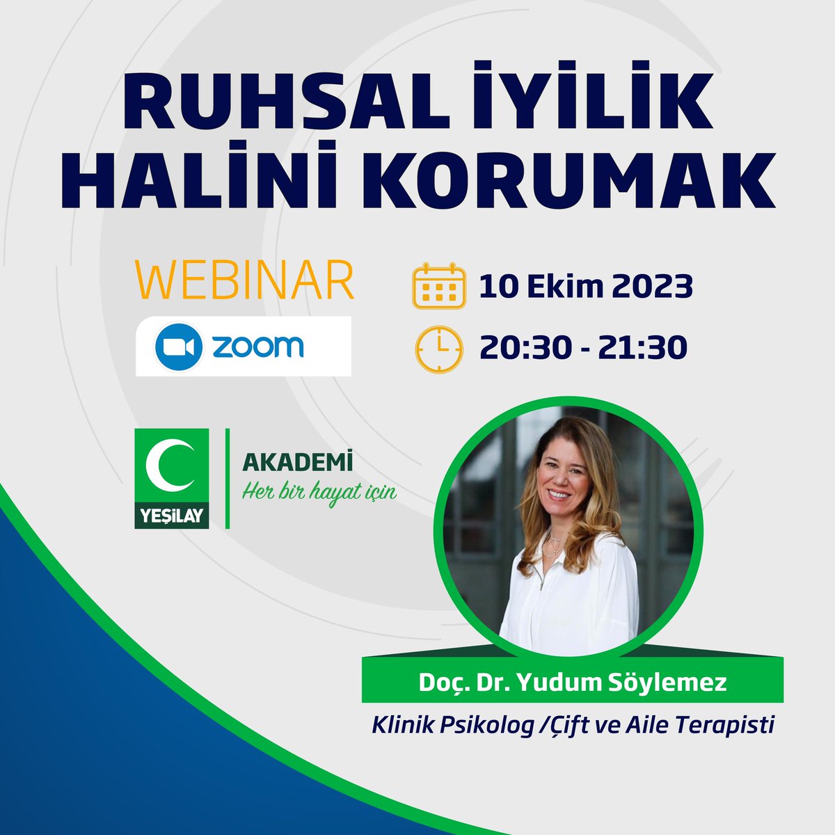 1920yesilay's tweet photo. “Ruhsal İyilik Halini Korumak”

Ruh sağlığının önemini konuşmak üzere "10 Ekim Dünya Ruh Sağlığı Günü"nde webinar düzenliyoruz.

Doç. Dr. Yudum Söylemez'in konuşmacı olarak yer alacağı webinarda "bireysel ve toplumsal ruh sağlığının nasıl korunabileceği" ve "ruh sağlığının birey ve toplum üzerindeki etkileri" konularında katılımcıları bilgilendirmeyi hedefliyoruz. 

❗Programımıza katılım ücretsizdir.
🔎Kayıt Linki: https://t.co/SwLMBUAShg

#Yeşilay #YeşilayAkademi #RuhsalİyilikHaliniKorumak #Webinar #Eğitim
