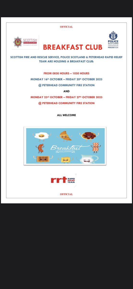 Free breakfast club running through the October holidays at Peterhead Fire Station. All welcome!