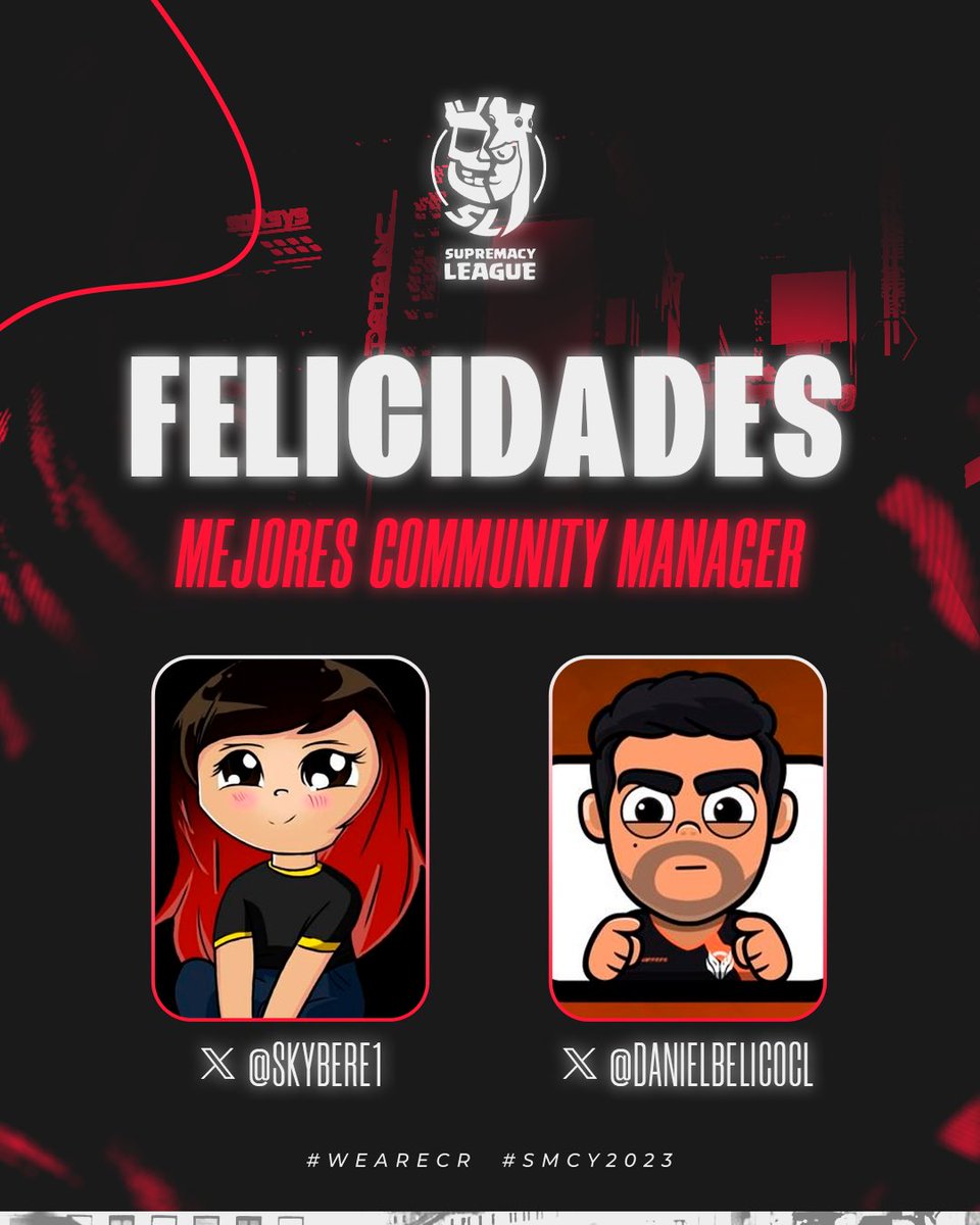 Supremacy League (@cr_supremacy) on Twitter photo 🔴 𝐆𝐀𝐍𝐀𝐃𝐎𝐑𝐄𝐒 - 𝐃𝐈𝐍𝐀́𝐌𝐈𝐂𝐀 🎉
Tras 9 jornadas los mejores Community Manager de esta 3ra edición son:
🥇 <a href="/SkyBere1/">Bere</a> 💅🏻
🥈 <a href="/DanielBelicoCL/">DanielBelicoCL</a> 🍷
¡Gracias por darle tanto contenido a toda la comunidad! 👏🏻
Mención especial al CM de <a href="/_AS_Gaming/">AS Gaming 💫</a> que quedó 🥉
#SMCY2023 🔴 𝐆𝐀𝐍𝐀𝐃𝐎𝐑𝐄𝐒 - 𝐃𝐈𝐍𝐀́𝐌𝐈𝐂𝐀 🎉
Tras 9 jornadas los mejores Community Manager de esta 3ra edición son:
🥇 <a href="/SkyBere1/">Bere</a> 💅🏻
🥈 <a href="/DanielBelicoCL/">DanielBelicoCL</a> 🍷
¡Gracias por darle tanto contenido a toda la comunidad! 👏🏻
Mención especial al CM de <a href="/_AS_Gaming/">AS Gaming 💫</a> que quedó 🥉
#SMCY2023