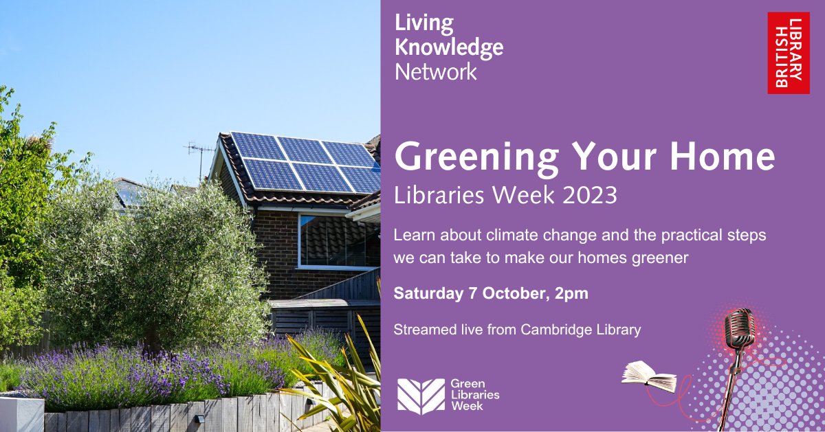 Drop in and join us tomorrow, Saturday 7 October at 2pm. We're screening a live stream from the British Library on Greening Your Home. 
FREE event. Suitable for adults. 
Pop in and learn more.
#GreenLibrariesWeek #FunPalaces

@SurreyLibraries @librariesweek