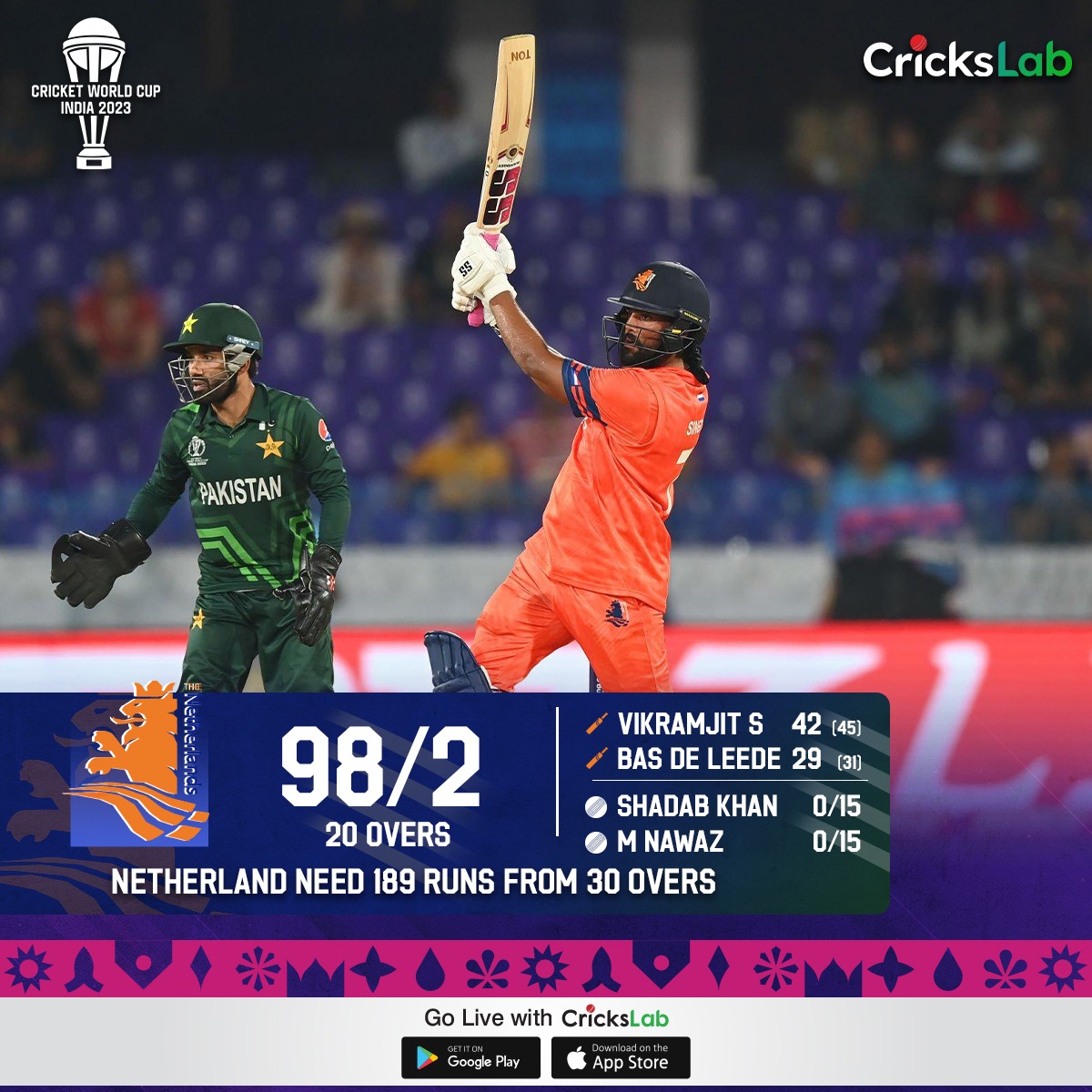 CricksLab's tweet photo. 20 overs down, and Netherland is at 98 runs.
#CricksLab #NLvsPAK #CrickslabLive #WorldCup2023 https://t.co/3oSePiOsnc