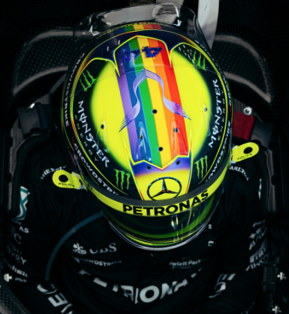allaboutmayetml's tweet photo. This is the helmet that Lewis Hamilton is wearing this weekend in Qatar, &amp; it’s so good to see. Megastar heterosexual super-ally supporters of the global struggle for #LGBTQ+ equality such as Lewis are so very important. #QatarGP #F1 #WeRaceAsOne #LoveIsLove 🌈 https://t.co/5D9ahBbOun