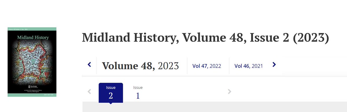 <a href="/MidlandHistory/">Midland History</a>'s current issue features 6 articles  covering 15th to 20th c in Warwickshire and Nottinghamshire [3 articles are  #OpenAccess] <a href="/CMHCFriends/">Friends of Centre for Midlands History & Cultures</a> <a href="/artsatbham/">College of Arts+Law</a>  <a href="/CRLHLeicester/">Centre for Regional and Local History</a> <a href="/ImogenPeck2/">Imogen Peck</a> <a href="/j_r_doherty/">James Doherty</a> <a href="/ThorotonSociety/">Thoroton Society</a> 
tandfonline.com/toc/ymdh20/cur…