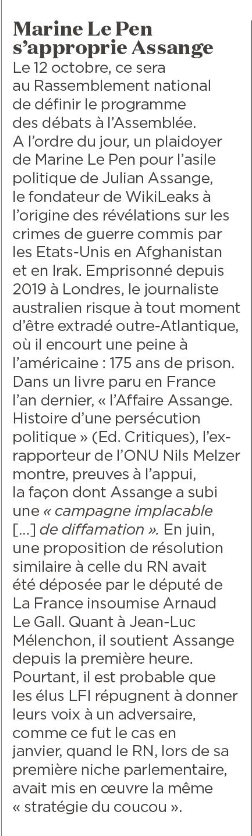 Brève dans @lobs (5 oct.) sur les deux propositions de résolution visant à accorder l’asile politique à #Assange en 🇫🇷, celle de la @NUPES_2022_ portée par le député LFI @Arnaud_Le_Gall_ et celle de @MLP_officiel, inscrite à la « niche parlementaire » du @RNational_off du 12 oct.