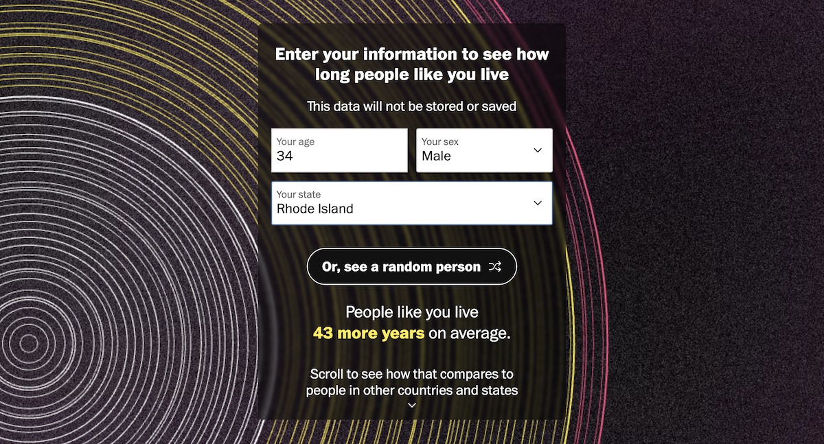 Who doesn't love a webpage that tells you when you're going to die?? This week we published an interactive calculator that lets you compare American life expectancy with people in other countries. Graphics by the outstanding @lmshap and @_carsonology washingtonpost.com/world/interact…