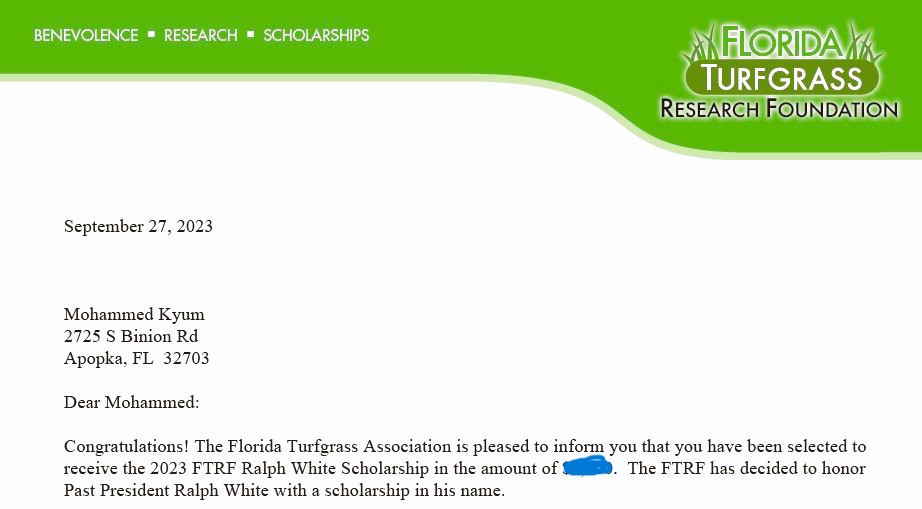AlfredHuo1's tweet photo. "Congratulations Mohammed Kyum, @kayumkh06852176, for securing a scholarship from @FloridaTGA.  
@UFTurfTeam @UFPlantbreeding @UFIFASAgronomy https://t.co/AswyRTcGwh