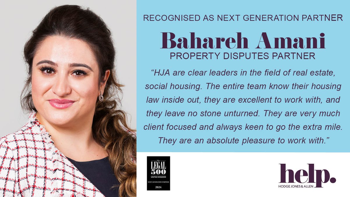 Congratulations to our Partner, Bahareh Amani for being recognised by #Legal500 UK as Next Generation Partner in Social Housing: Tenant category in #L500UK2024

Read more about Bahareh: hja.net/legal-team/bah…

#PropertyDisputes #ukhousing