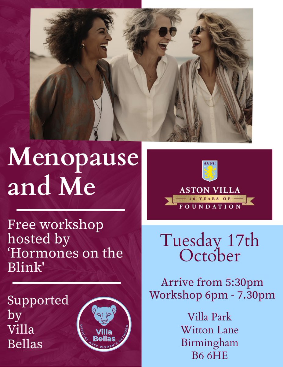 ICYMI: Are you or someone you know navigating the journey of #menopause or want to know more?  

Join us for a menopause workshop run by Hormones on the Blink at Villa Park - Tue 17th Oct arrive from 5.30pm, workshop at 6pm.

Book your free place here - tinyurl.com/mr2tcdjc