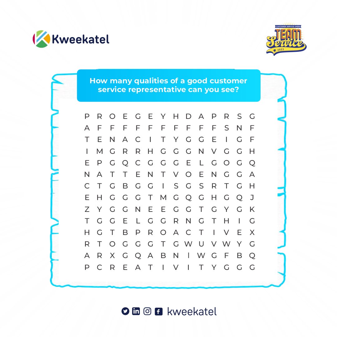kweekatel's tweet photo. There are 7 qualities of a good CSR in this puzzle. 
Let’s see who has sharp eyes🌚

As we come to the end of the CSWeek, we want to appreciate the skills and qualities our customer service representatives use to carry out their duties and ensure excellent customer service. https://t.co/Py7OSwCOs4