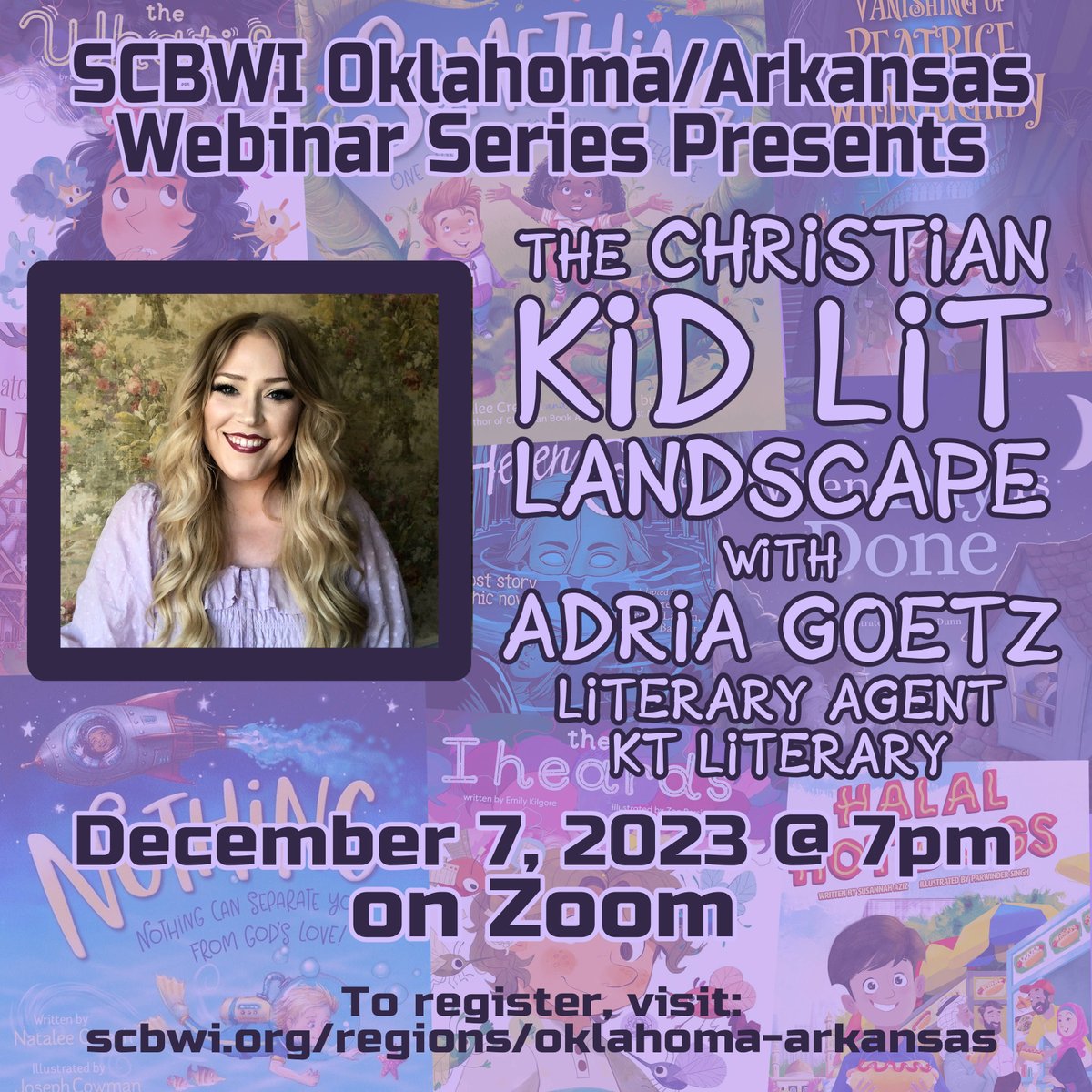 Excited that agent @adriamgoetz is joining <a href="/SCBWIOKAR/">SCBWI Oklahoma/Arkansas</a> for a webinar: The Christian #kidlit Landscape. If this topic interests you, join us. 🤗

You do NOT have to be an <a href="/scbwi/">scbwi</a> member to participate. The webinar will be recorded and available for 4 weeks. $15member/$20nonmember.