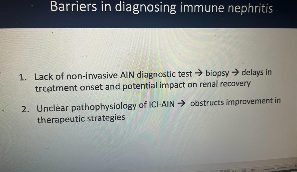 onconephsociety's tweet image. 🔥Urinary T cells in ICI toxicity 
Talk @JamieLinMD #OncoNeph #ason2023 

😕Barrier to diagnose ICI Nephritis

➡️lack of non invasive test
➡️Unclear mechanism of ICI-AKI 

✅Non invasive bio marker-sIL2R/CXCL9/CRP/TNFa

Urine T cell mediated by IFN 🆙⬆️in ICIN

🧵@JasmineNephro