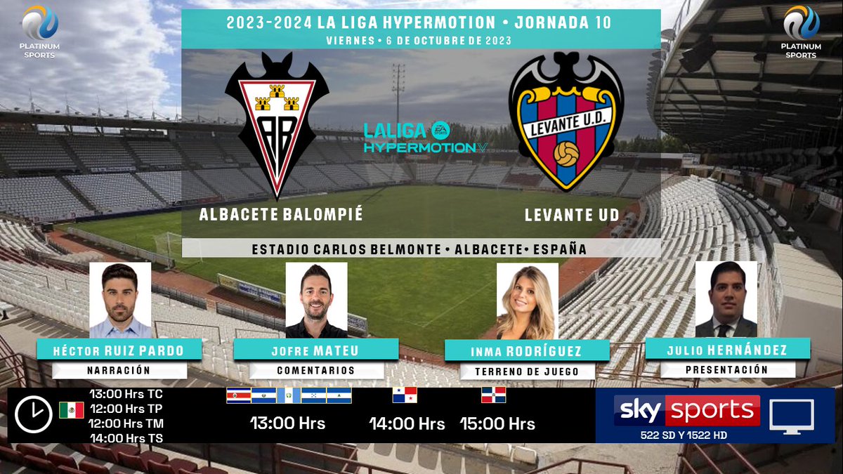 🇪🇸 #LaLigaHypermotion 2023-2024 #Jornada10 | @AlbaceteBPSAD 🆚 @LevanteUD

#Albacete #Levante
🗓️ Hoy
🇲🇽 ⏰ 13:00 Hrs TC, 12:00 Hrs TP
📺 @SKYSportsMX 522 y 1522 HD
🎤 @HectorRuizPardo
🎤📝 @JofreM11
🎤⛳ @InmaRodriguezR
🎤📜 @jhdez85

🤳🏼 #FutbolxSKY #AlbaceteLevante