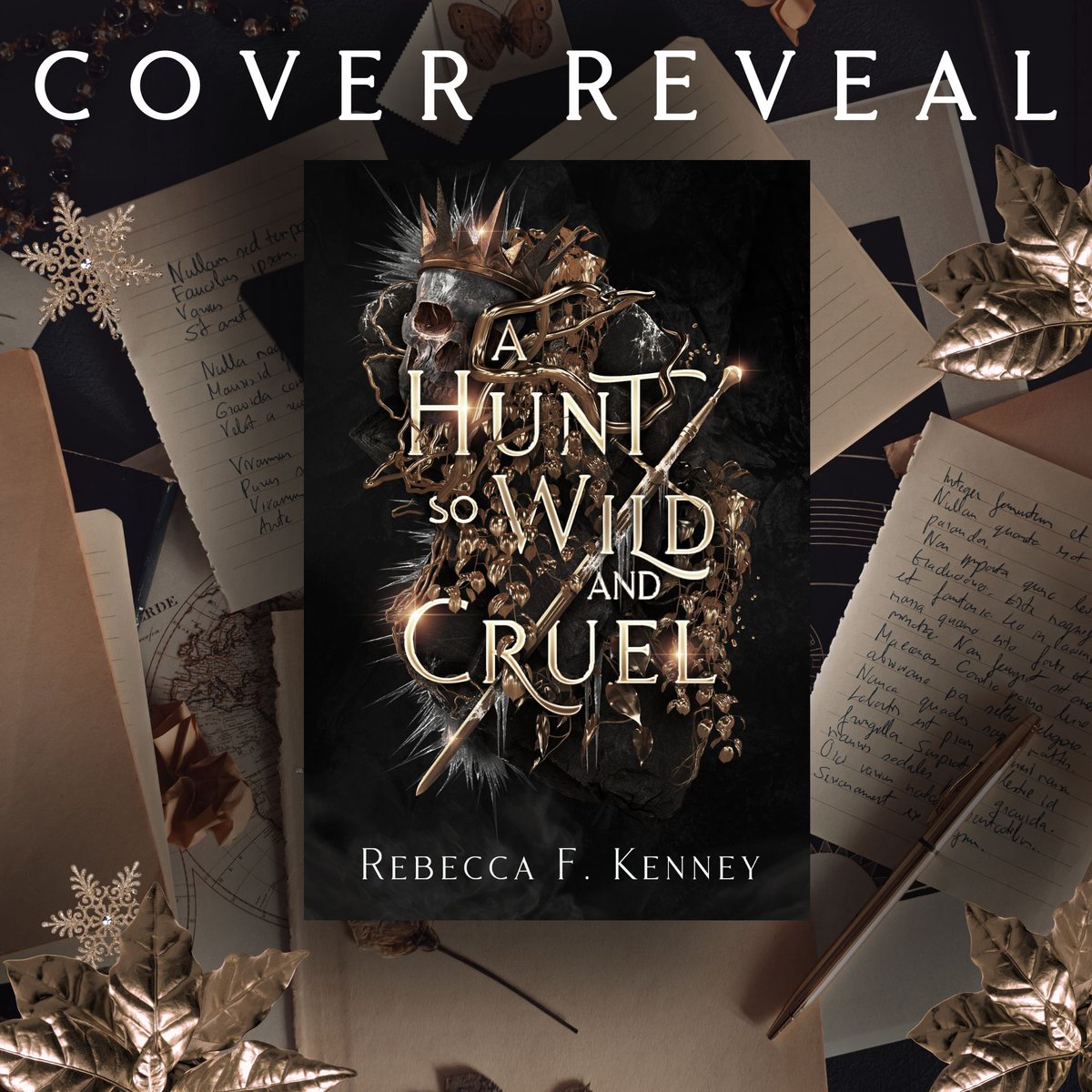 Cover reveal for my new why-choose/polyam fantasy romance, 'A Hunt So Wild and Cruel,' a spicy Fae retelling of 'A Christmas Carol' with 3 hunky Fae ghost riders and one smol vicious queen. mybook.to/huntsowild