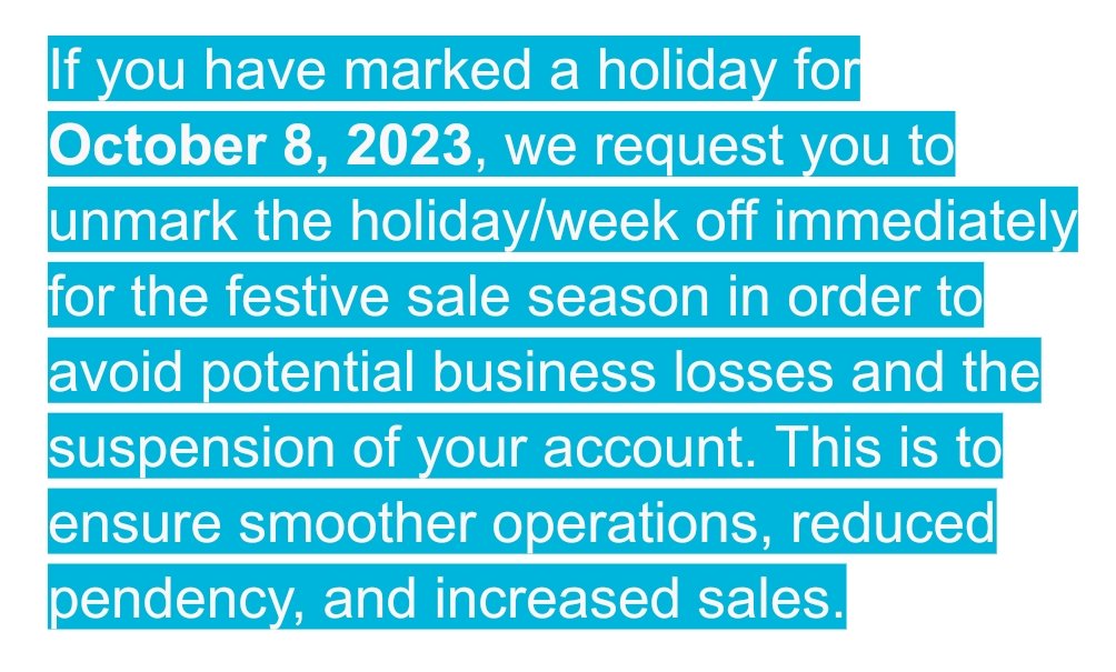 Threat of suspension, Rejection of Claims, Slavery, unethical capturing of All India Retail Market, Capturing of BuyNow button <a href="/Flipkart/">Flipkart</a> All this is all unethical &amp; unlawful. Who the hell can force anyone to work on Sunday? <a href="/amazonIN/">Amazon India</a> <a href="/myntra/">Myntra</a> <a href="/AJIOLife/">AJIO</a> <a href="/CAITIndia/">Confederation of All India Traders (CAIT)</a> <a href="/FEcoms_India/">FEcomS</a>