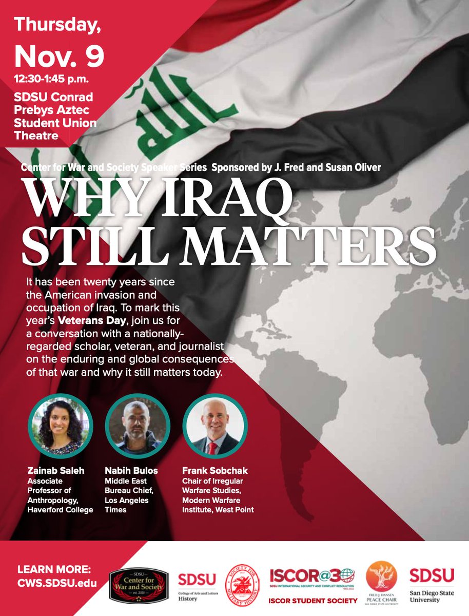 MidwayEducators's tweet photo. On November 9 San Diego State University's Center for War and Society is sponsoring a public Veteran's Day event. This distinguished panel will address "Why Iraq Still Matters." #ProfessionalDevelopment #VeteransDay https://t.co/2tQvBwf0b9