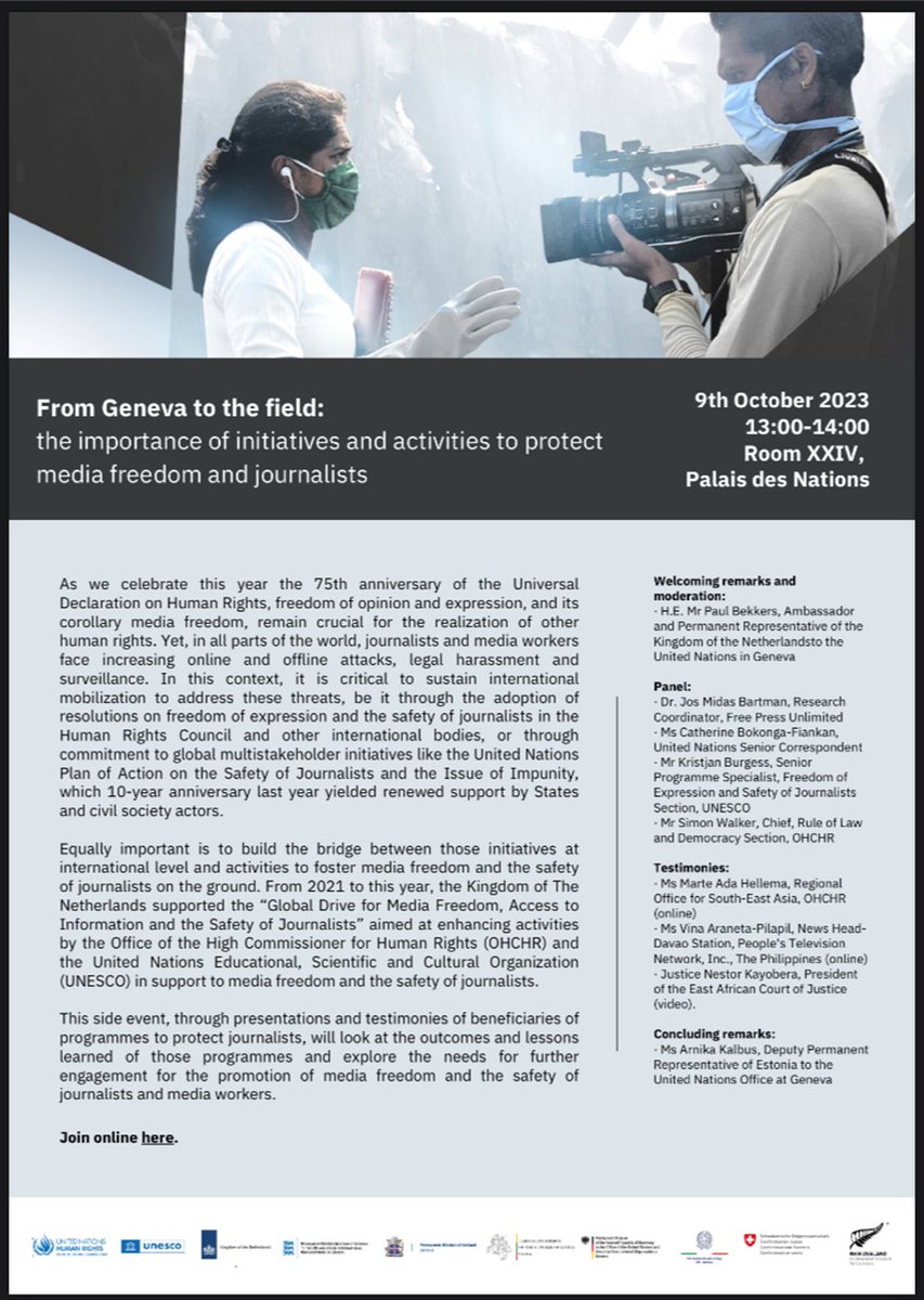 NLinGeneva's tweet photo. Join us at #HRC54 for the side event ‘From #Geneva to the field: the Importance of Initiatives and Activities to Protect Media Freedom and Journalists’.

🗓️9 October
🕐13h CEST
📌Room XXIV
🔗https://t.co/6KRTo7CORI https://t.co/fbFZlLYEr6