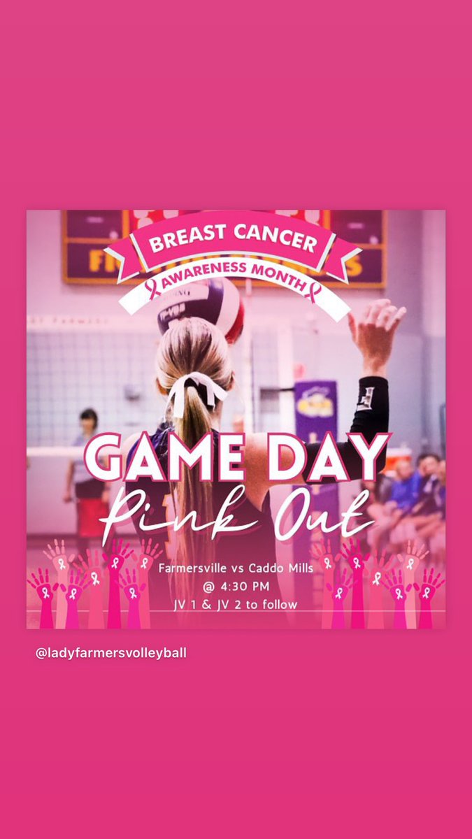 GAME DAY IN THE VILLE!! PINK OUT!

🆚 Caddo Mills
📍 Farmersville HS
🗓️ Friday, October 6th
⏰ Varsity 4:30, JV1 and 2 to follow 
🎟️ events.ticketspicket.com/agency/b7029d7… 
#LLC #grit #breastcancerawareness