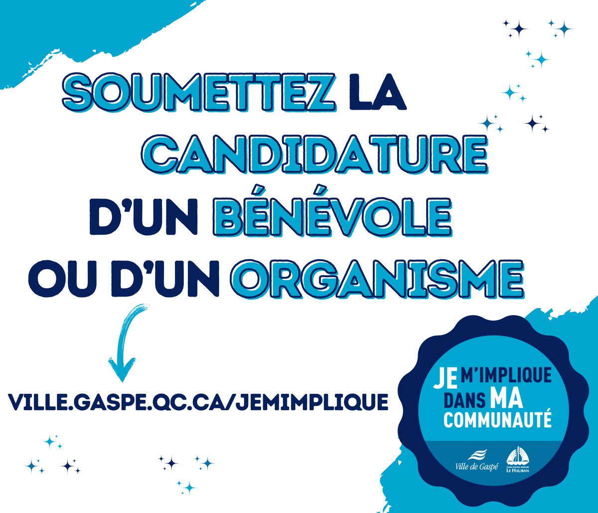 Dans le but de reconnaître et de faire rayonner l’implication bénévole au sein de la Ville de Gaspé, nous vous invitons à soumettre la candidature d’un bénévole ou d’un organisme. Simple et rapide, il suffit de répondre aux questions à l’adresse suivante: ville.gaspe.qc.ca/jemimplique