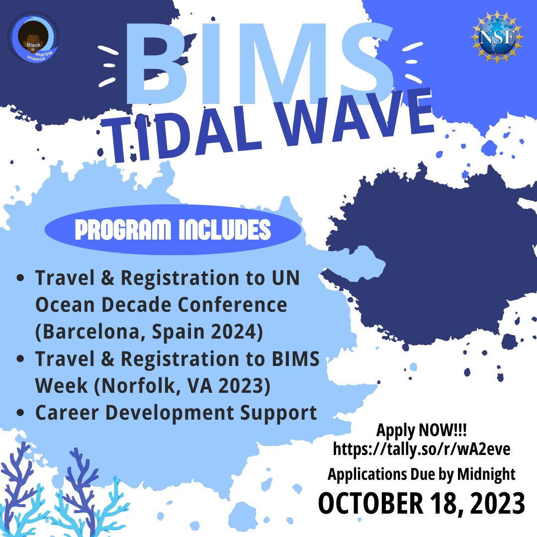 Applications are open for BIMS Tidal Wave Program. Funded by NSF, this program aims to increase the participation of Black people in ocean sciences. Our first cohort is set to travel to the UN Ocean Decade Conference 2024 & will come to BIMS Week. Apps close 10/18 at midnight.