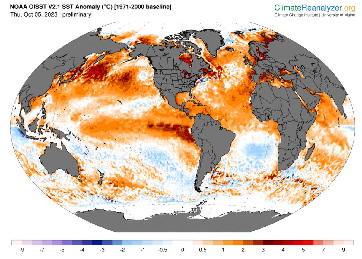 LeonSimons8's tweet photo. 👇😮
🌍🌊📈

Almost all the blue has disappeared from the Northern Hemisphere Sea Surface Temperature Anomalies in this map:

North Atlantic has been record warm for 214 days running!