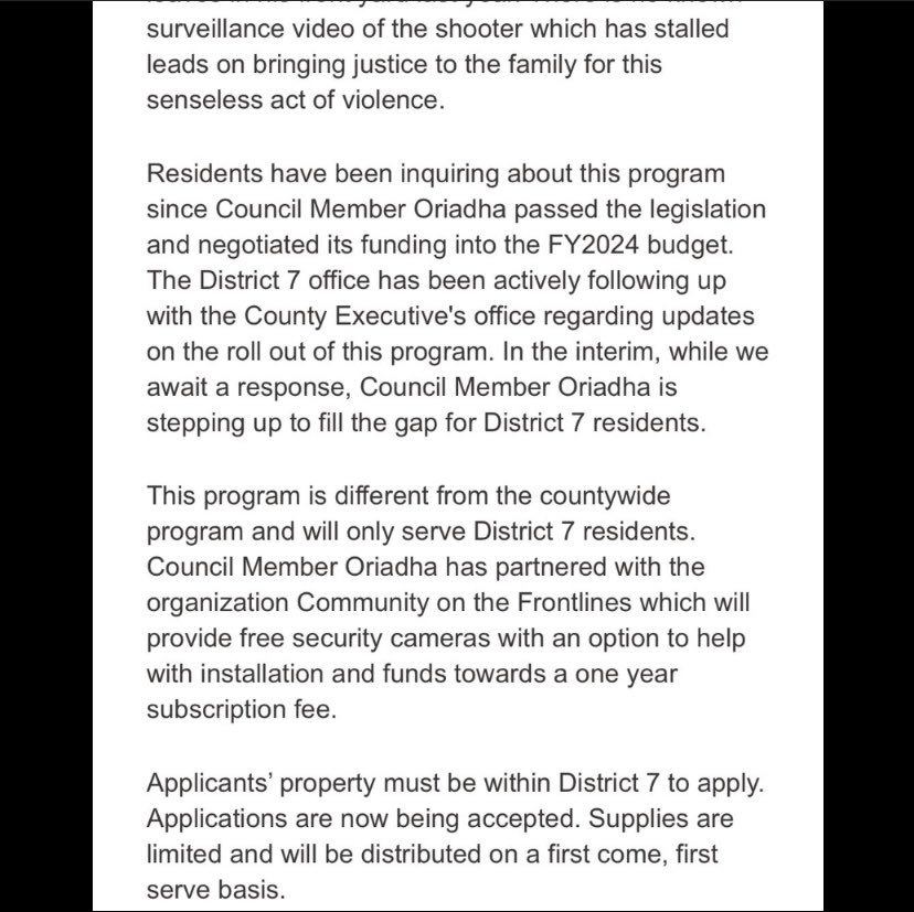 CouncilmemberKO's tweet photo. I am partnering with Community on the Frontline to provide a free surveillance program for District 7 residents that will provide a camera, installation and a one year subscription fee. This program is separate from the county wide program which I also championed and named in https://t.co/4DtcnlFfav