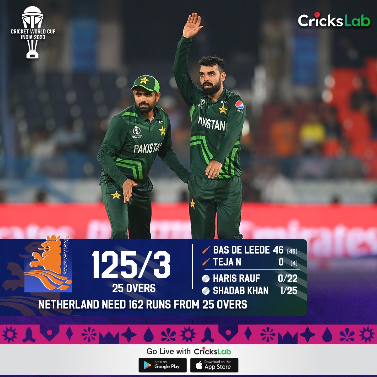 CricksLab's tweet photo. Netherland steadily accumulating runs, reaching 125 after 25 overs!
#CricksLab #NLvsPAK #CrickslabLive #WorldCup2023 https://t.co/dkydiqi7jn