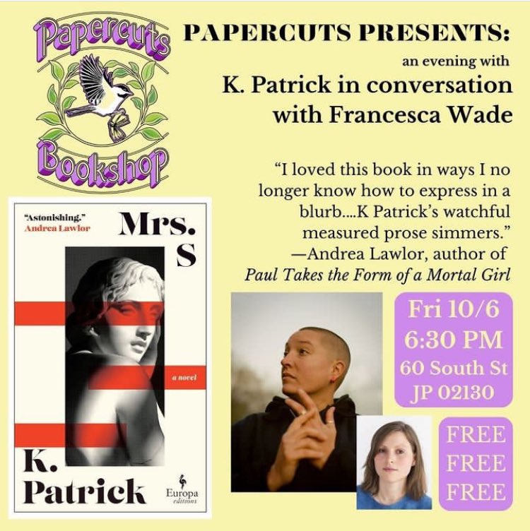 Boston is lucky to have @K__Patrick and @francescawade in town, talking MRS. S at @papercutsjp! 🌹 Don’t miss this!