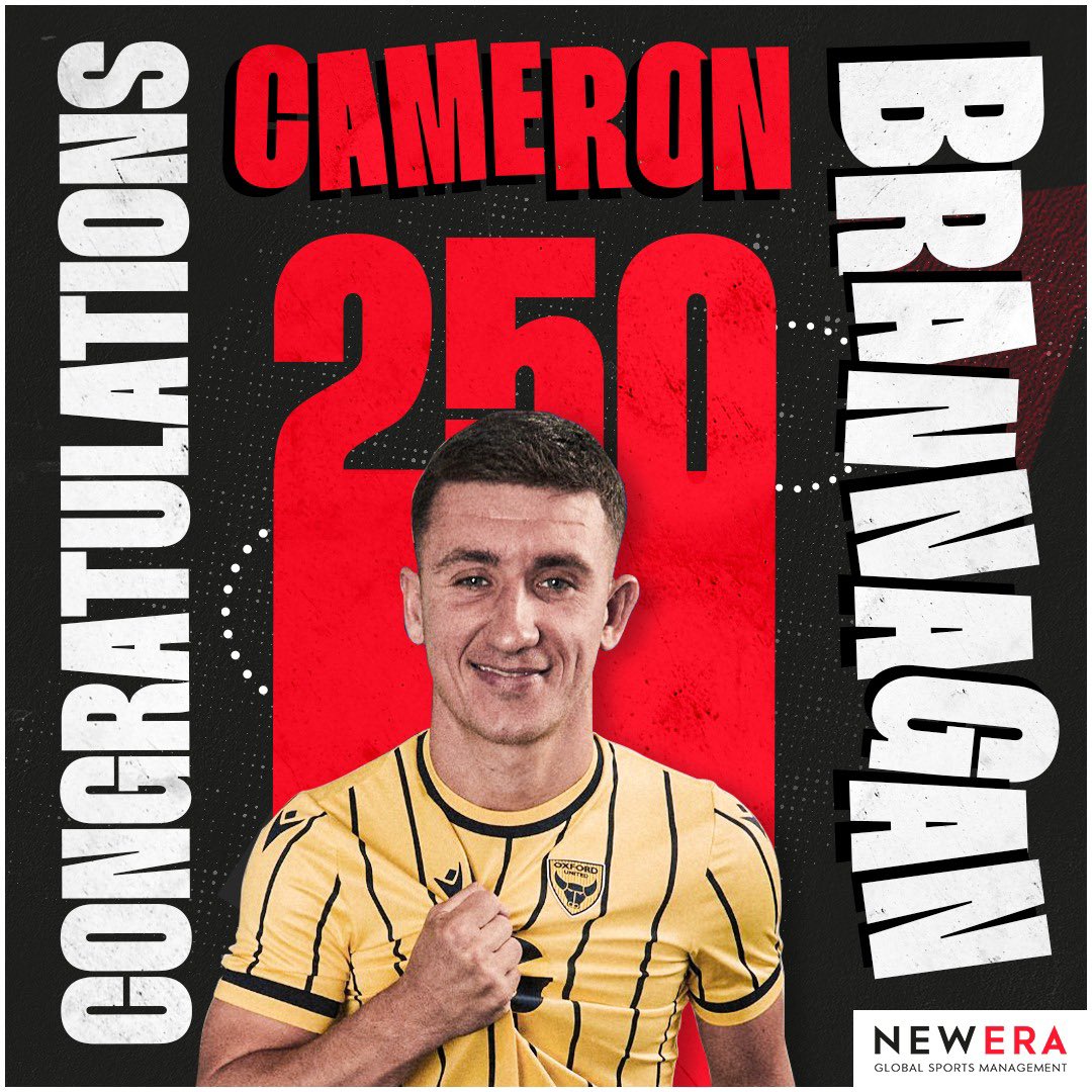 𝟐𝟓𝟎 𝐜𝐥𝐮𝐛 𝐚𝐩𝐩𝐞𝐚𝐫𝐚𝐧𝐜𝐞𝐬 🤩

Congratulations to Cam Brannagan who made his 𝟐𝟓𝟎𝐭𝐡 club appearance for Oxford United on the weekend!🙌

Huge achievement, @Cameron246bran 👏

#CamBrannagan | #OxfordUnited |#NewEraGlobalSports