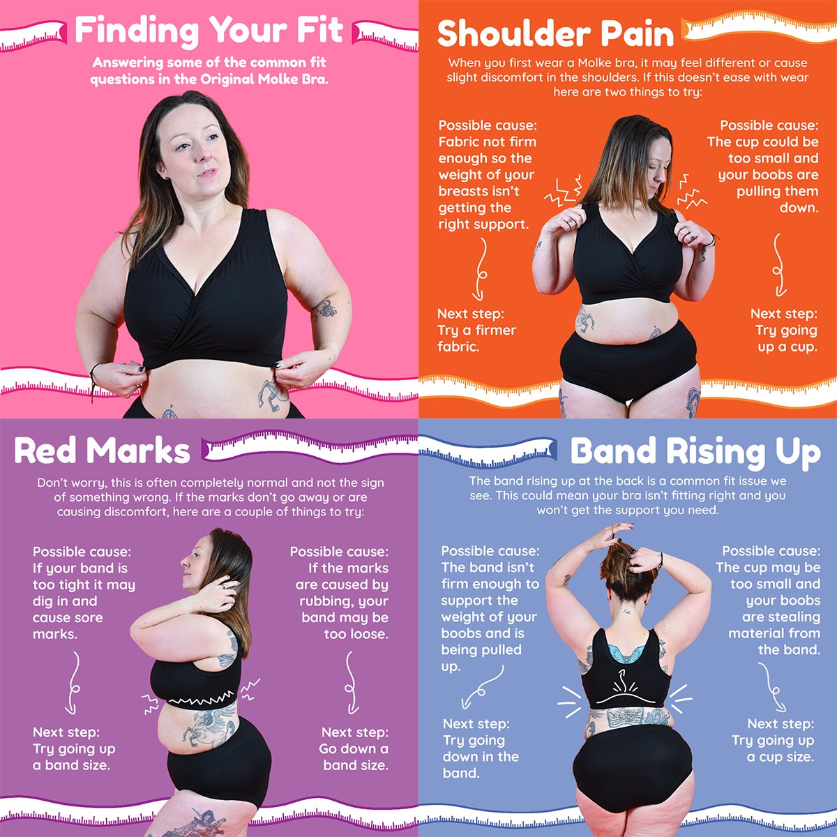 Molke on X: Finding your fit in a bra can take time, especially if you've  previously been in ill-fitting ones. These are some common fit issues along  with some tips on how