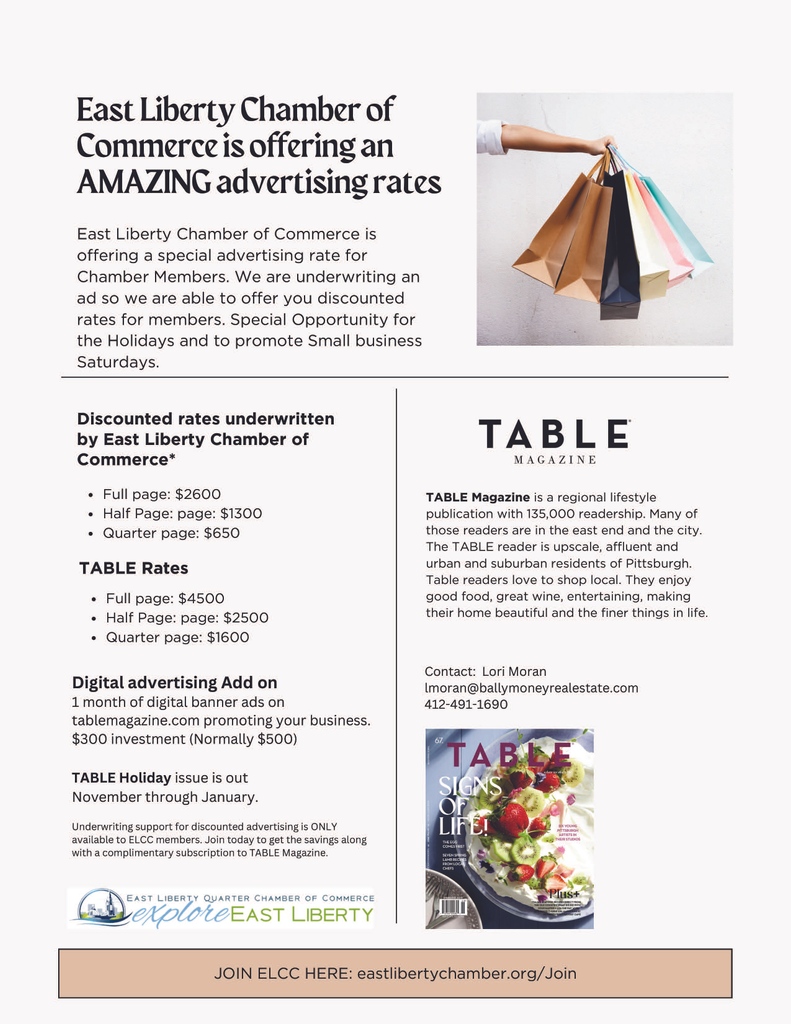 ‼️Don't miss this amazing opportunity‼️ 

The Chamber is offering discounted advertising rates for members! 

Reach out to Lori for more information! 

#chamberofcommerce #eastliberty #discounted #advertising #tablemagazine #HolidayIssue