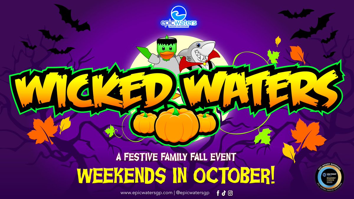 Visit us every weekend in October between October 7-22 for some spooky season fun with our event, Wicked Waters! 👻

View the activity schedule and get your tickets today:
epicwatersgp.com/speical-events/ 

#epicwatersgp #indoorfun #wickedwaters #fallfestival #october #spookyfun