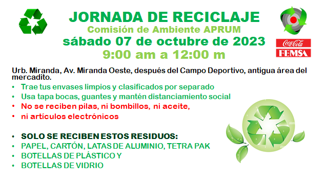 Recordatorio este sábado #07Oct te esperamos en nuestra jornada de reciclaje.
Comisión de Ambiente.