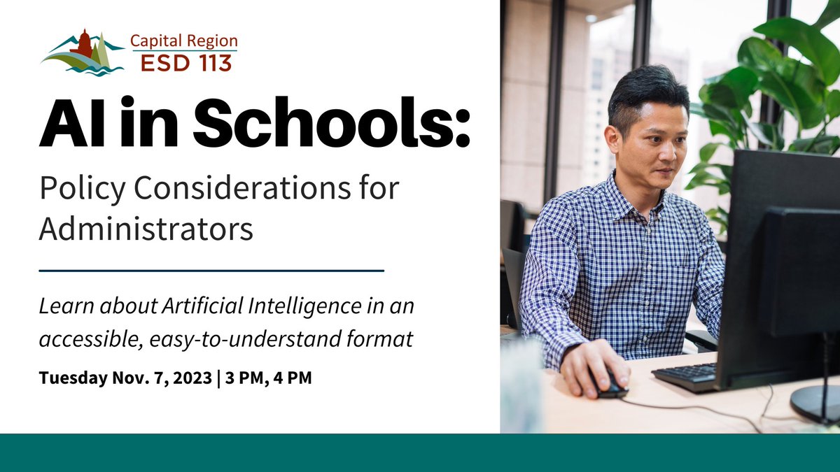 Artificial Intelligence (AI) and generative AI tools have emerged as one of the most significant impacts in educational technology. Learn more and sign up today for 'AI in Schools: Policy Considerations for Administrators!' #WeAreESD113 bit.ly/3sTuafw