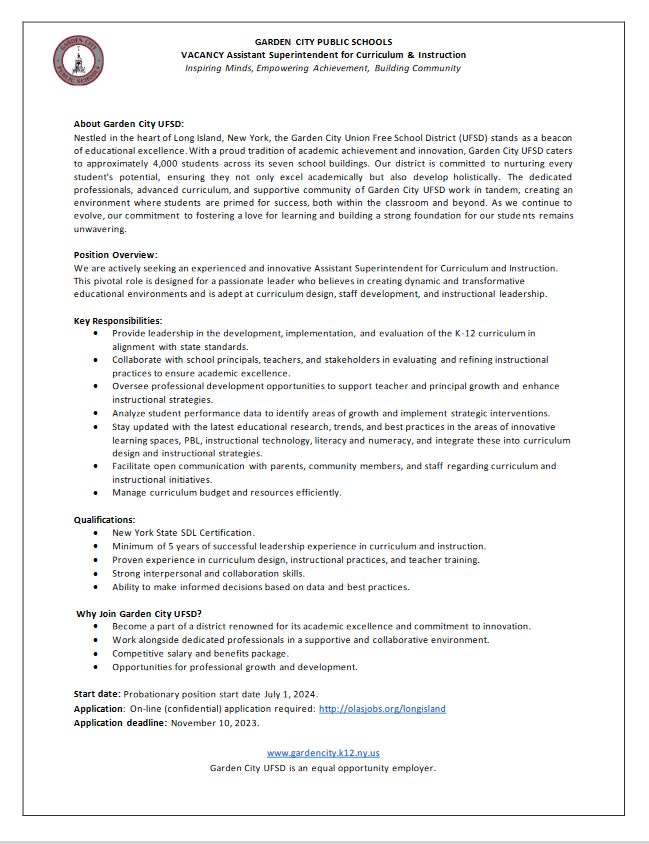 Garden City Public Schools seeks an Assistant Superintendent for Curriculum and Instruction.
Join our team! #GCGrows