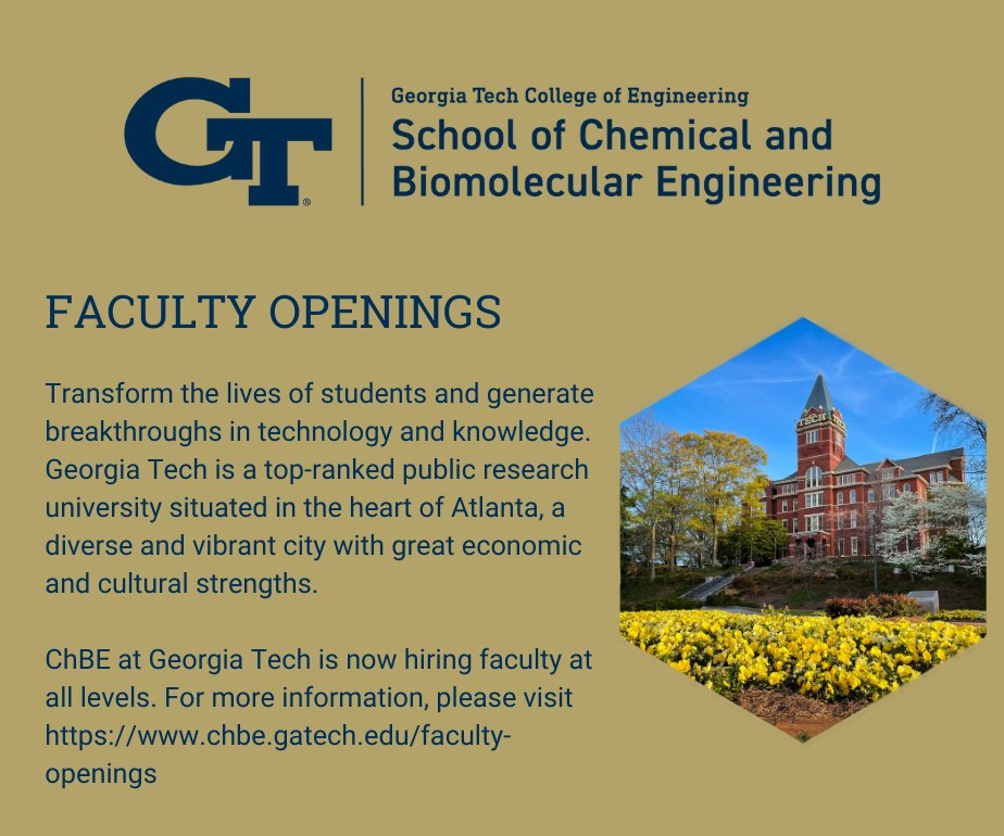 Georgia Tech is an amazing place to start a faculty career! Come join a great group of young Profs (@BhamlaLab <a href="/VidaJamali/">Vida Jamali</a> <a href="/Solomon_OT/">Solomon Oyakhire</a> <a href="/MicahZiegler/">Micah S. Ziegler</a>, Lily Cheung, Johnny Blazeck, and Nian Liu), and make sure to visit our reception at AIChE <a href="/ChEnected/">American Institute of Chemical Engineers (AIChE)</a>. chbe.gatech.edu/faculty-openin…