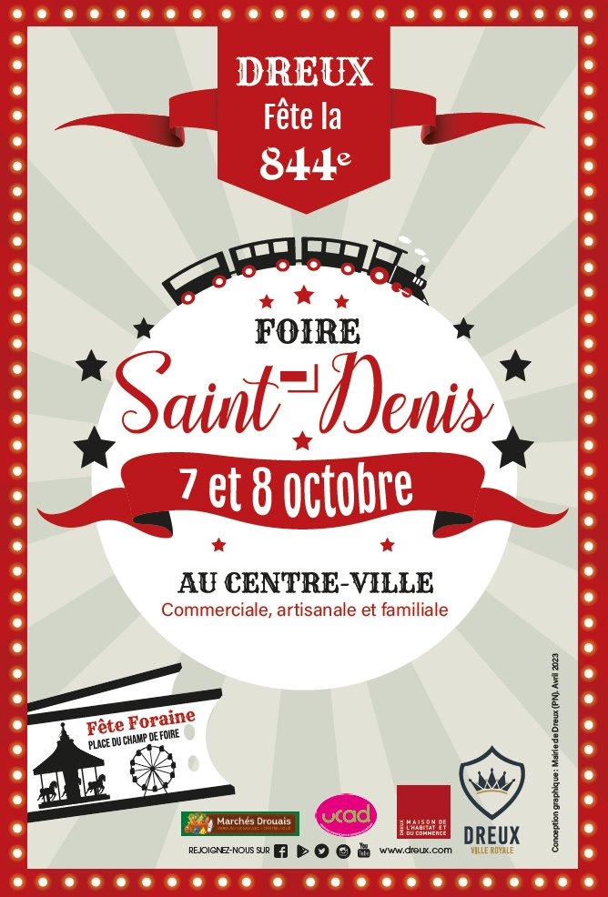 dreuxofficiel's tweet photo. La Saint-Denis fait son grand retour ce week-end pour sa 844e édition ! 
Venez profiter de 2 jours de découvertes, de festivités et de bonnes affaires. Un voyage autour du monde avec, cette année, une escale en Turquie.
➡️ https://t.co/wql5zzujVJ
#Dreux #evenement https://t.co/FgfRFGRyj5