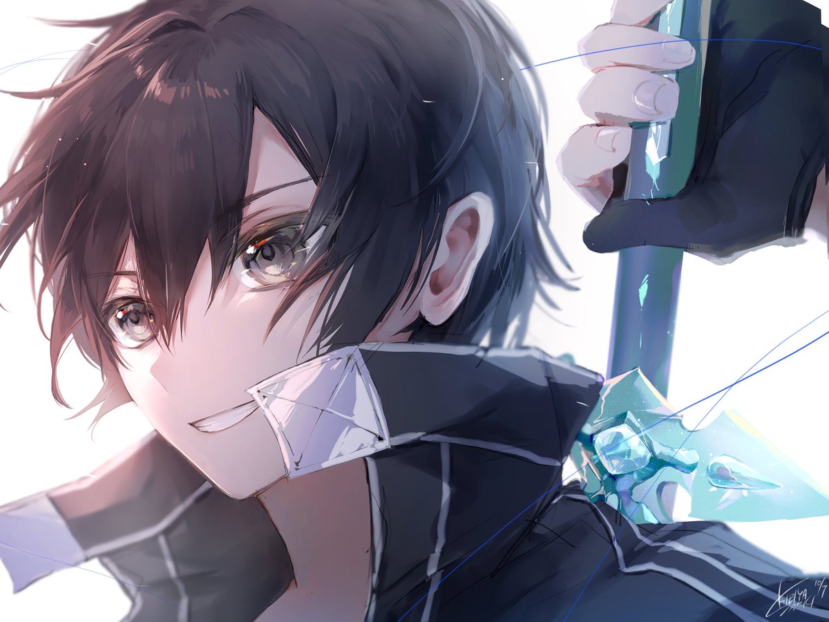 kirito 1boy male focus black hair weapon smile gloves black eyes  illustration images